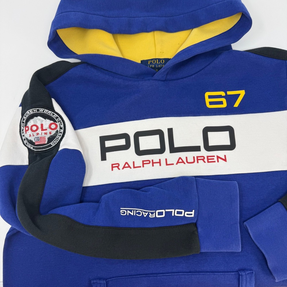 Polo Ralph Lauren Boys Blue Colorblock Alpine Racing Hoodie Large 14/16 FLAW